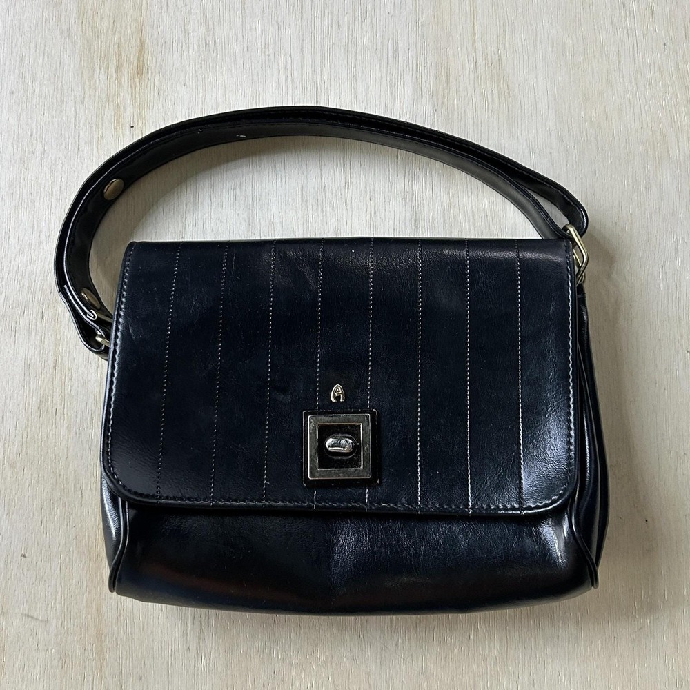 Vintage Etienne Aigner Bag Small Black Leather Turn Lock Striped Lined